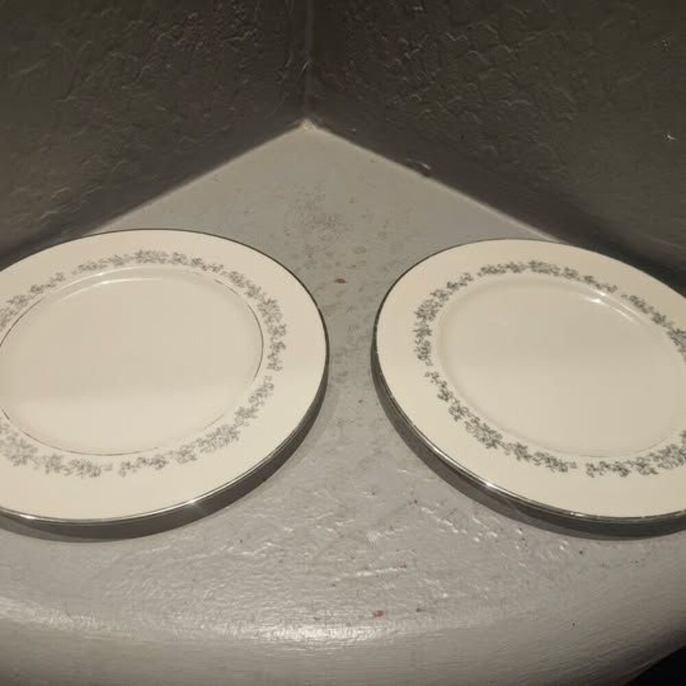 Lenox Promise Salad Plates Set of 2 - Gray Rose Vine, Platinum Trim, 8 Inch